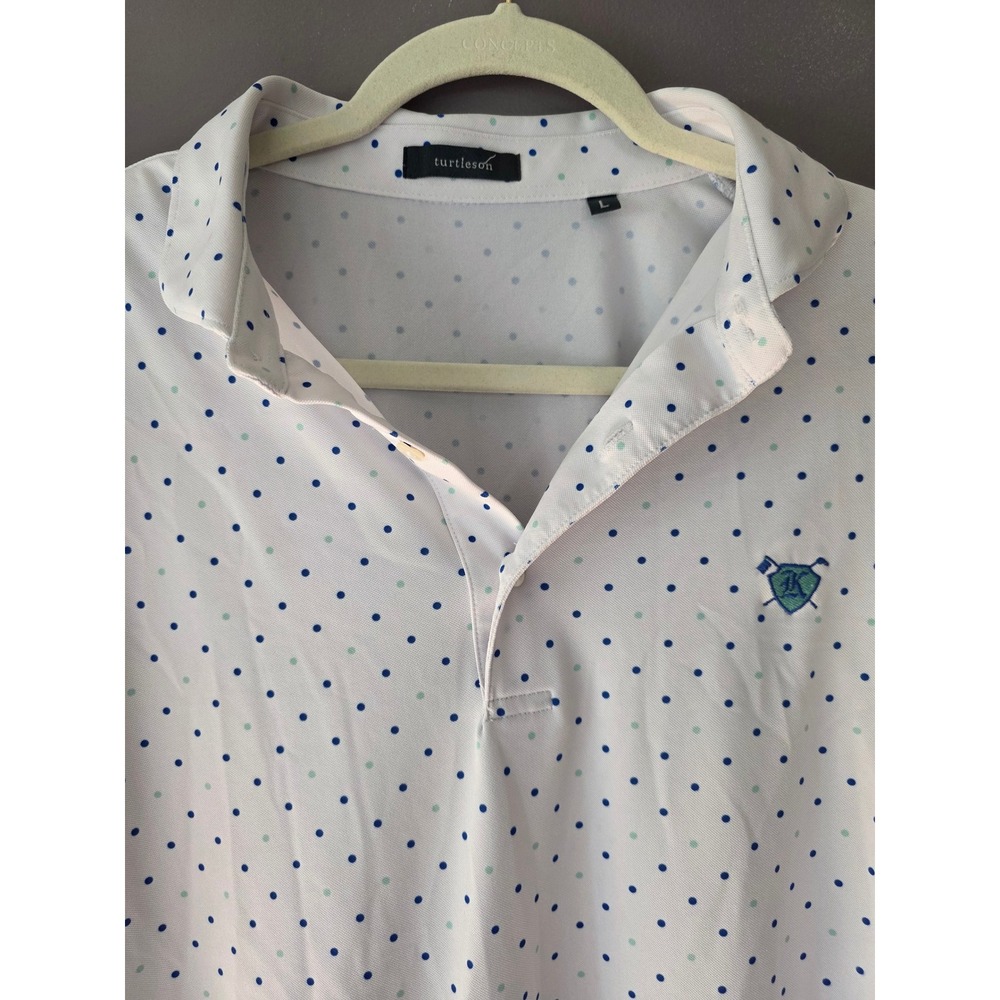 Turtleson Mens Golf Polo Shirt Large White Blue Green Polka Dot Performance L
